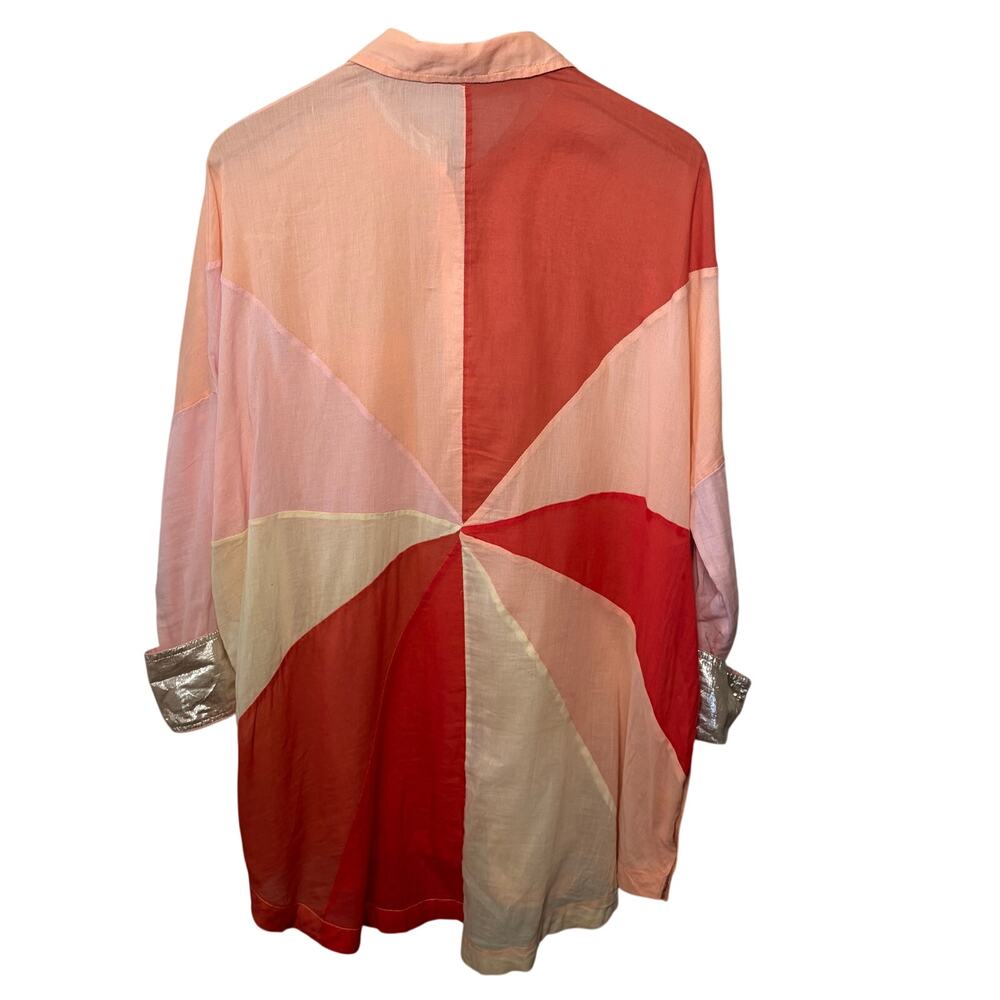 Free People Tunic Rainbow Rays Button Up Cotton Orange Coral Gold Cuff L